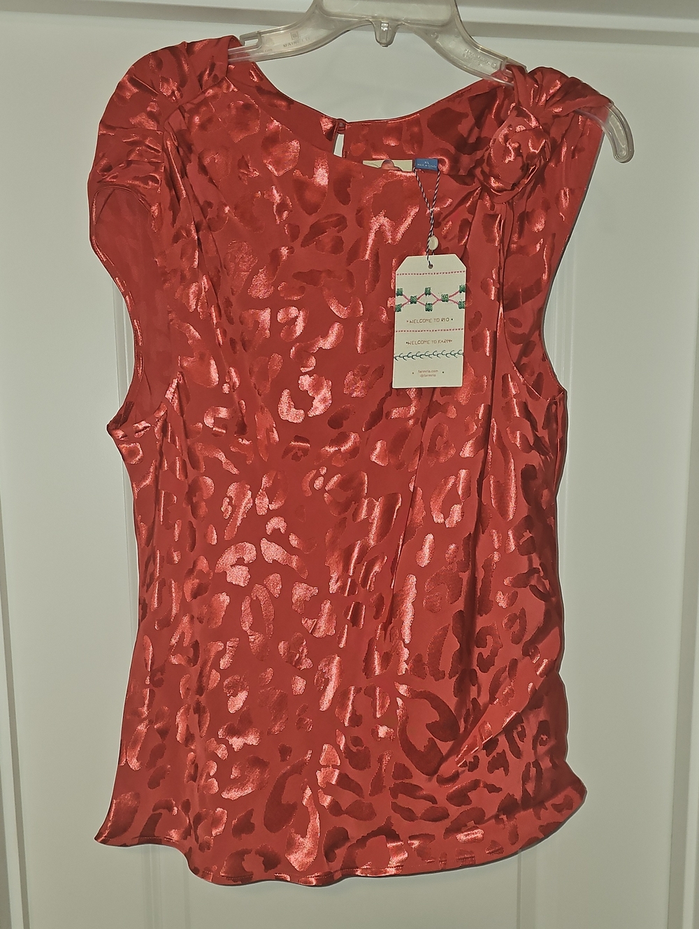 Anthropologie Farm RIO Coral Satin Leopard-Effect Sleeveless Blouse